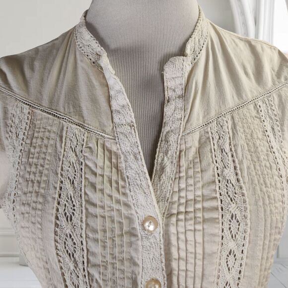 Naf Naf Ivory Cotton Top Size L Pintucks Crochet Lace Trim - Picture 5 of 14